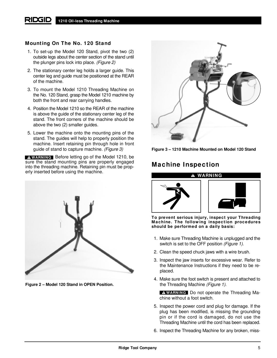 RIDGID 1210 manual Machine Inspection, Mounting On The No Stand 