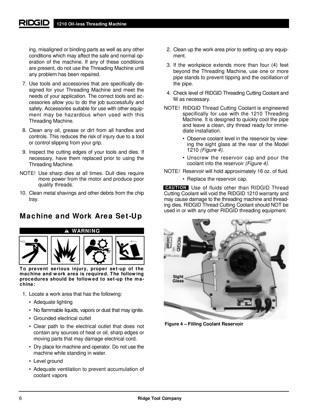 RIDGID 1210 manual Machine and Work Area Set-Up, Filling Coolant Reservoir 