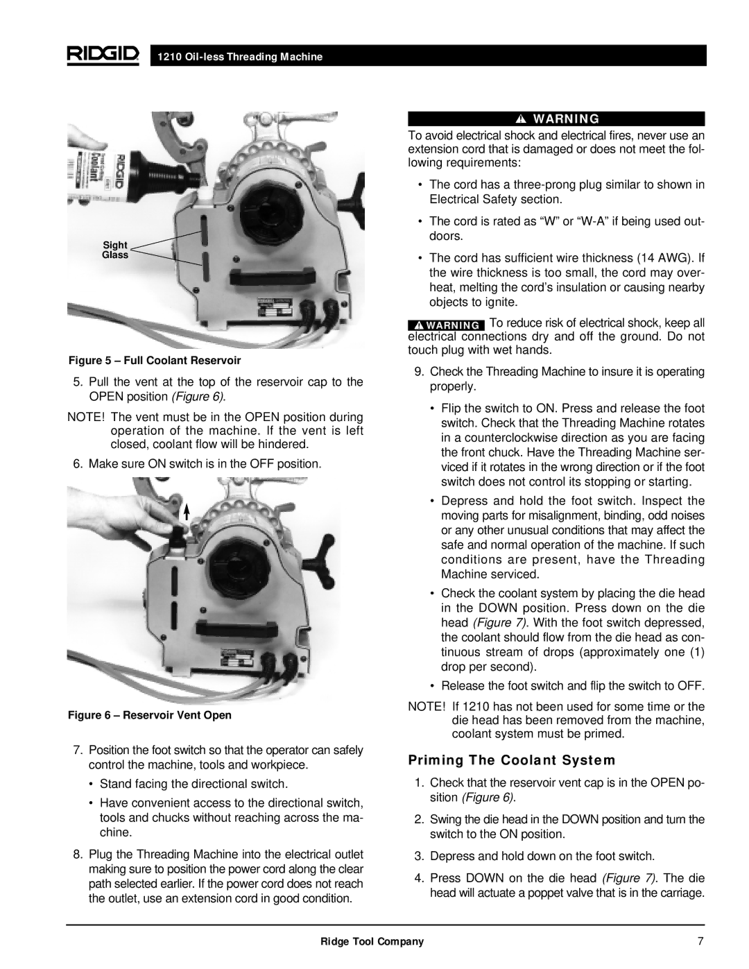 RIDGID 1210 manual Priming The Coolant System, Full Coolant Reservoir 