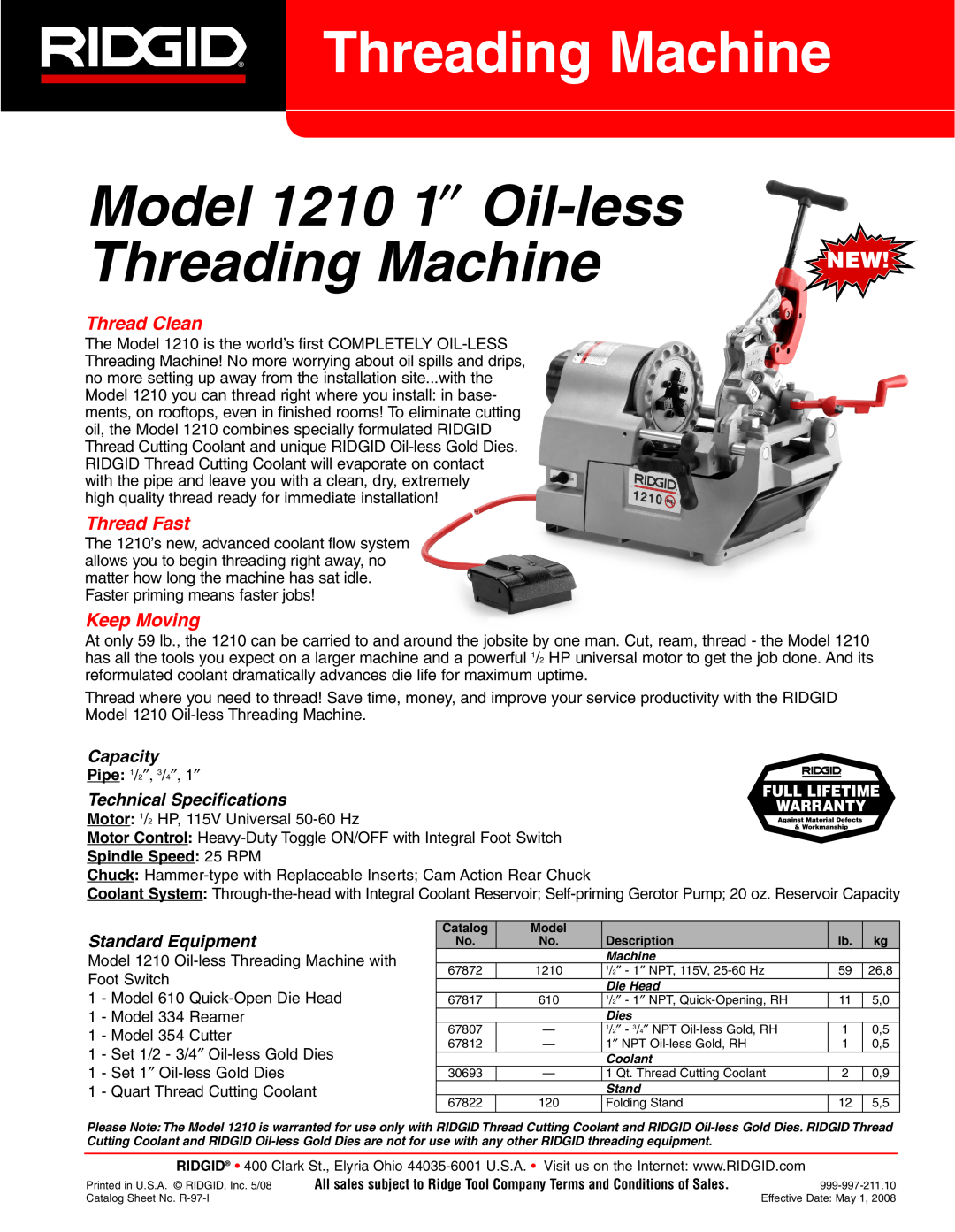 RIDGID technical specifications Threading Machine, Model 1210 1 ″ Oil-less, Thread Clean, Thread Fast, Keep Moving 
