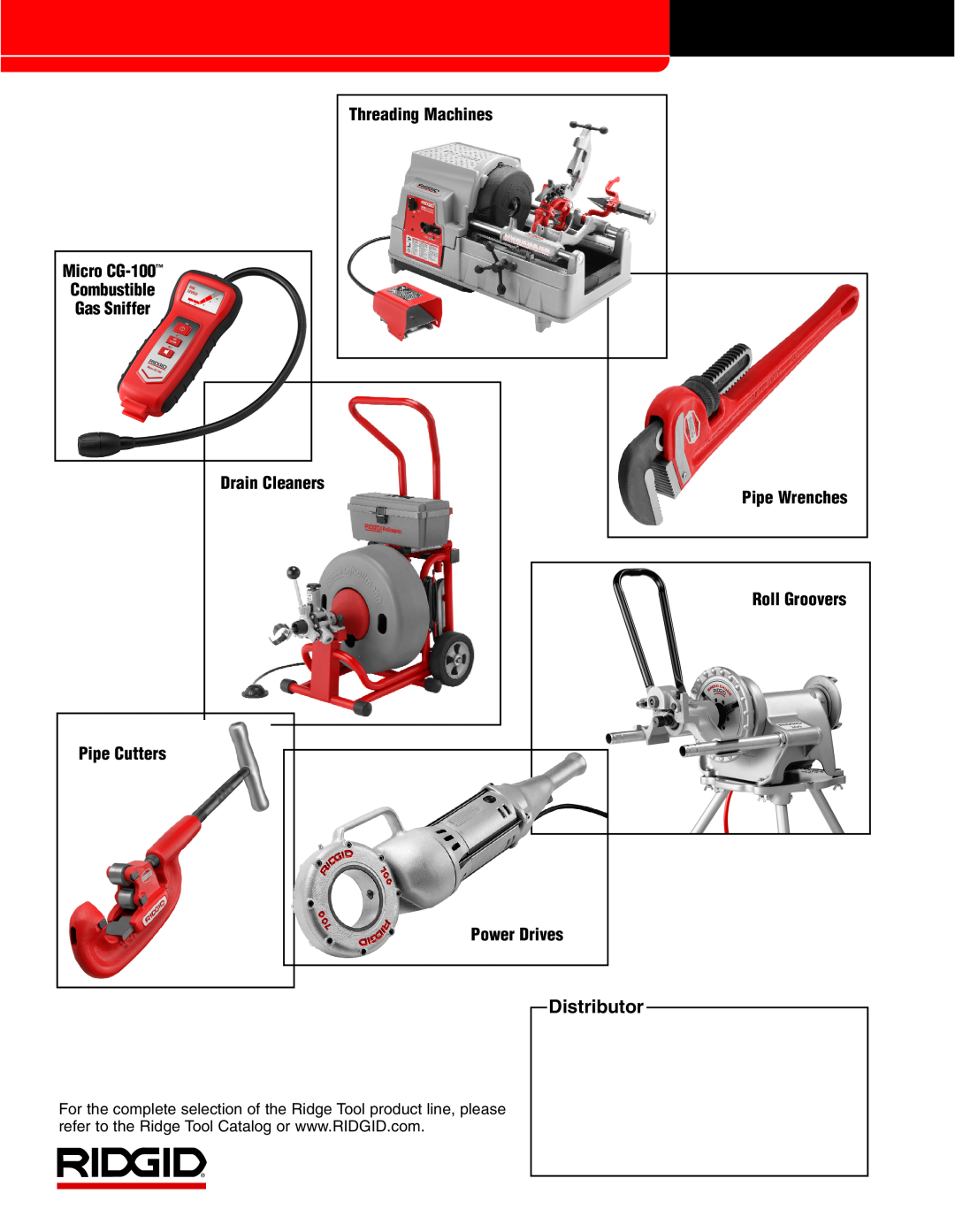 RIDGID 1210 Distributor, Micro CG-100 Combustible Gas Sniffer, Threading Machines, Pipe Wrenches Roll Groovers 