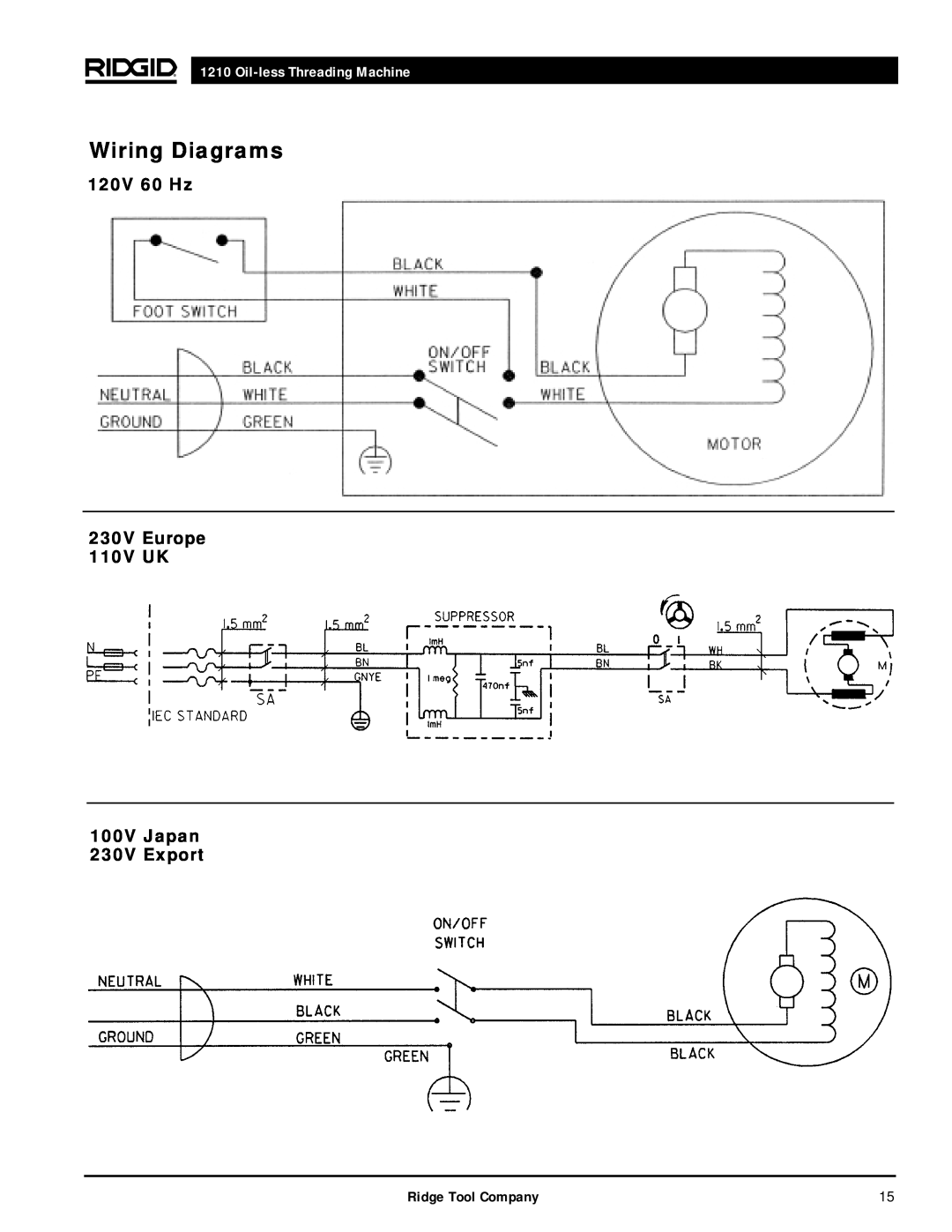 RIDGID 1210 manual Wiring Diagrams, 120V 60 Hz 230V Europe 110V UK 100V Japan 230V Export, Oil-less Threading Machine 