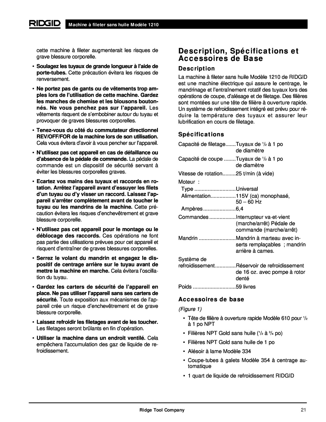 RIDGID 1210 Description, Spécifications et Accessoires de Base, Accessoires de base, Machine à fileter sans huile Modèle 