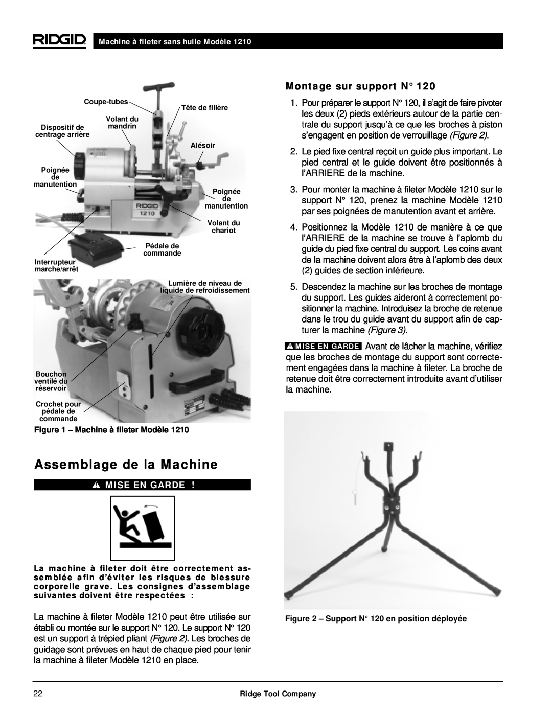 RIDGID 1210 manual Assemblage de la Machine, Montage sur support N, Machine à fileter sans huile Modèle, Mise En Garde 