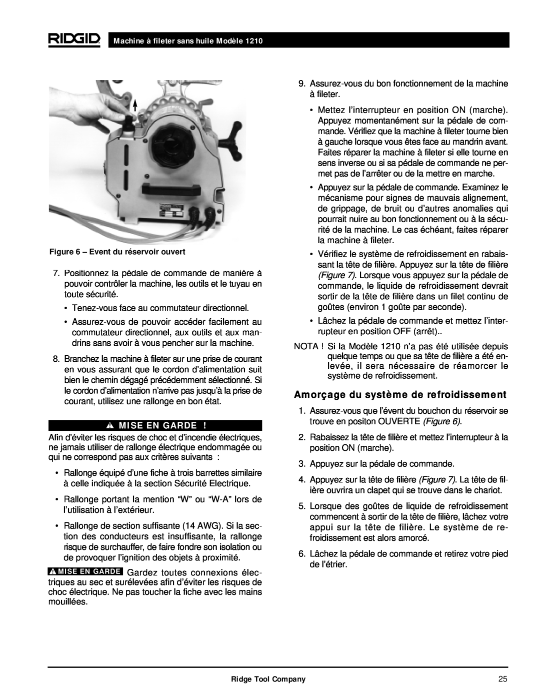 RIDGID 1210 manual Amorçage du système de refroidissement, Machine à fileter sans huile Modèle, Mise En Garde 
