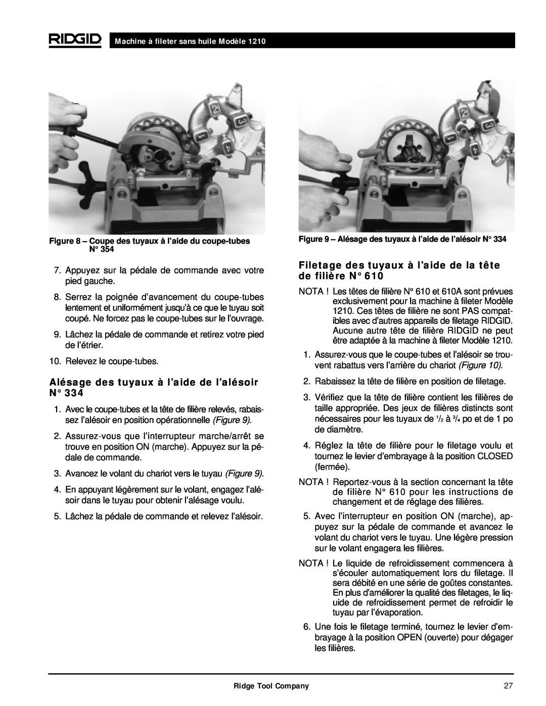 RIDGID 1210 manual Alésage des tuyaux à l’aide de l’alésoir N, Filetage des tuyaux à l’aide de la tête de filière N 