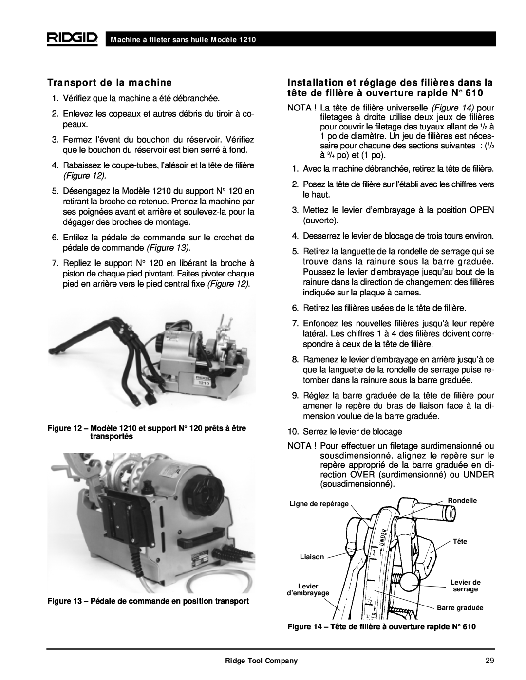 RIDGID 1210 manual Transport de la machine, Machine à fileter sans huile Modèle 