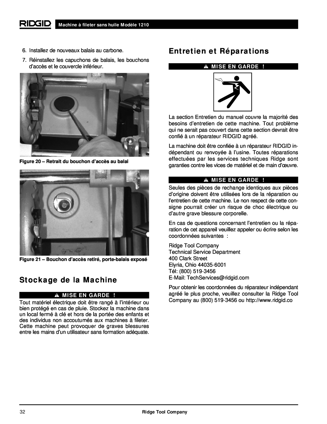 RIDGID 1210 manual Stockage de la Machine, Entretien et Réparations, Machine à fileter sans huile Modèle, Mise En Garde 