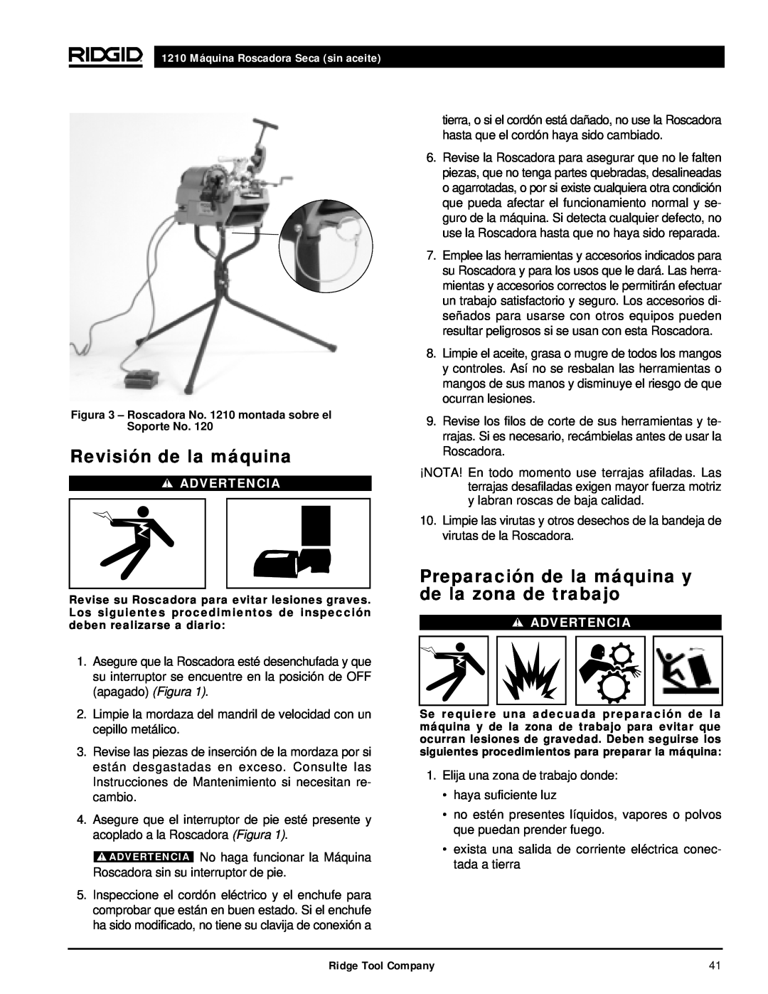 RIDGID 1210 manual Revisión de la máquina, Preparación de la máquina y de la zona de trabajo, Advertencia 