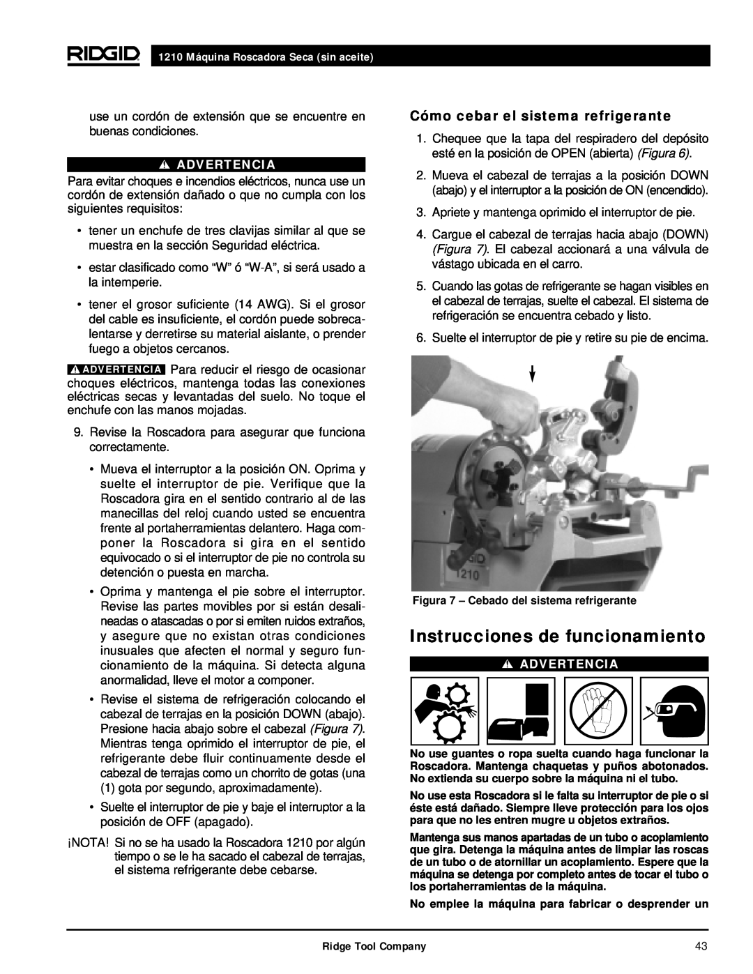 RIDGID Instrucciones de funcionamiento, Cómo cebar el sistema refrigerante, 1210 Máquina Roscadora Seca sin aceite 