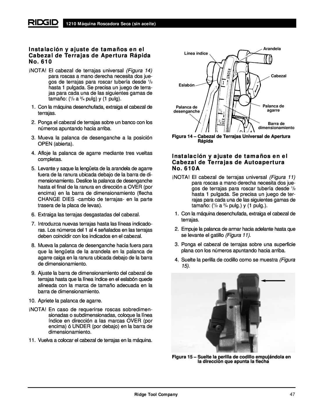 RIDGID 1210 manual Figura 14 - Cabezal de Terrajas Universal de Apertura Rápida, Arandela Línea índice Cabezal Eslabón 