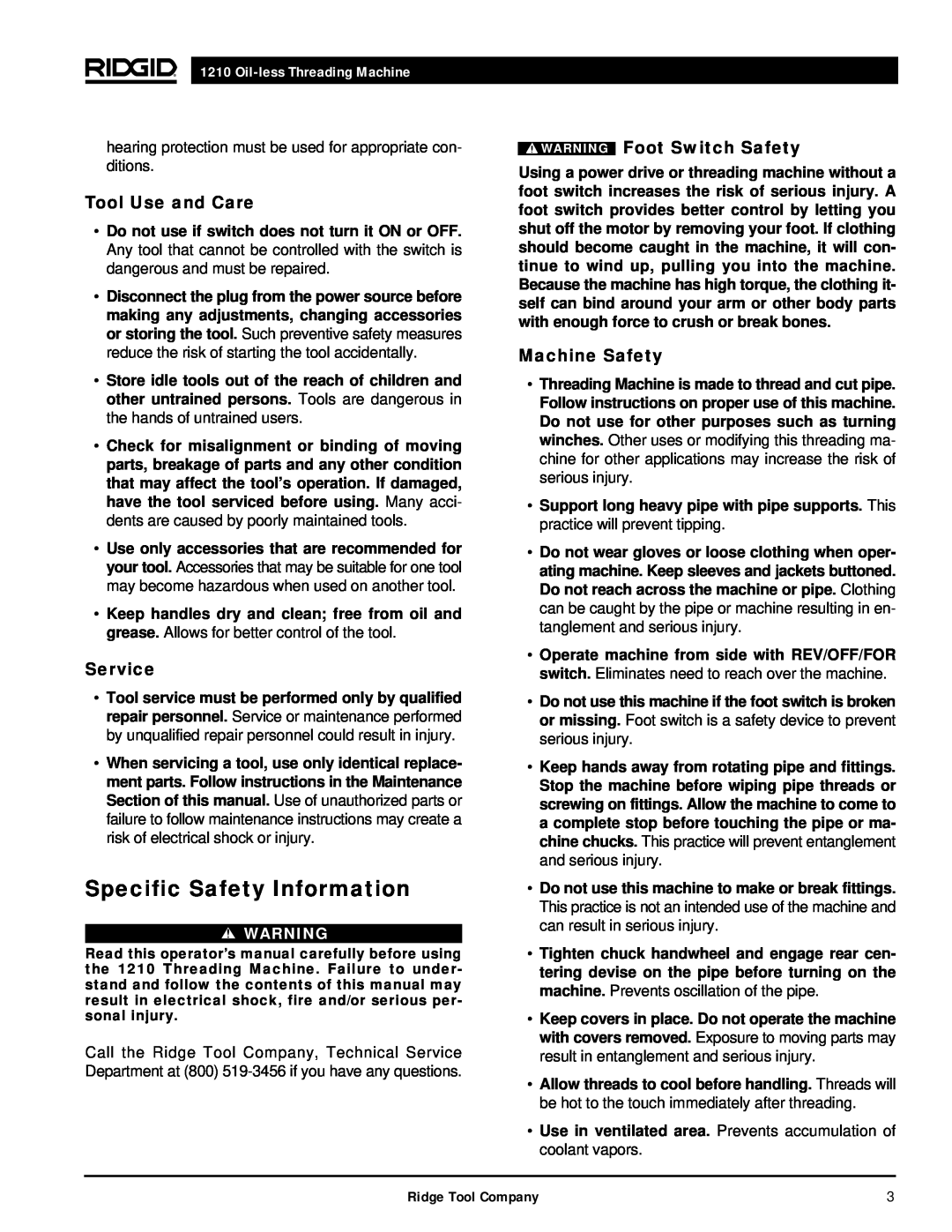 RIDGID 1210 manual Specific Safety Information, Tool Use and Care, Service, WARNING Foot Switch Safety, Machine Safety 