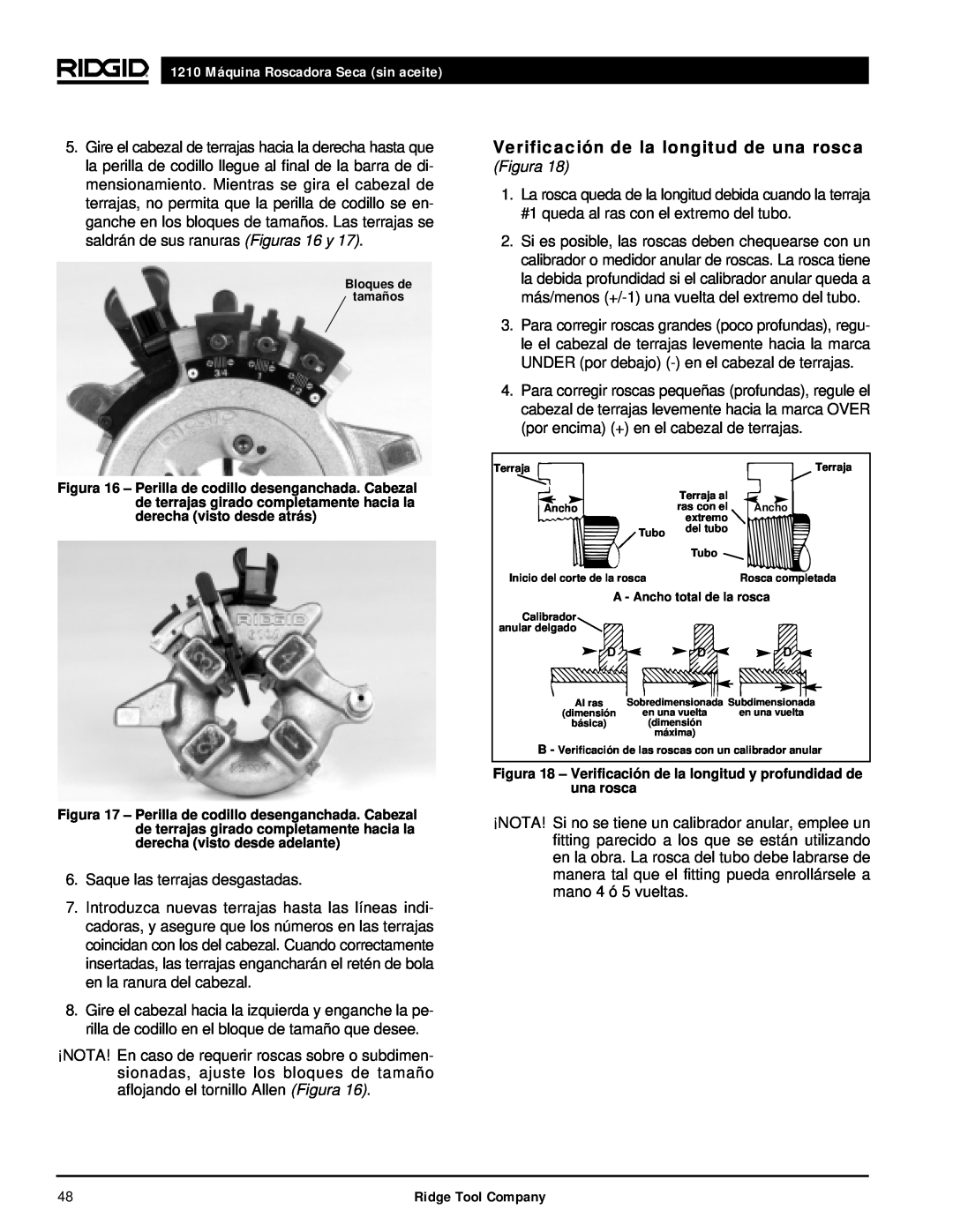 RIDGID manual Verificación de la longitud de una rosca, 1210 Máquina Roscadora Seca sin aceite, Figura 