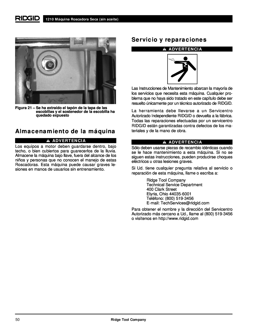 RIDGID manual Almacenamiento de la máquina, Servicio y reparaciones, 1210 Máquina Roscadora Seca sin aceite, Advertencia 