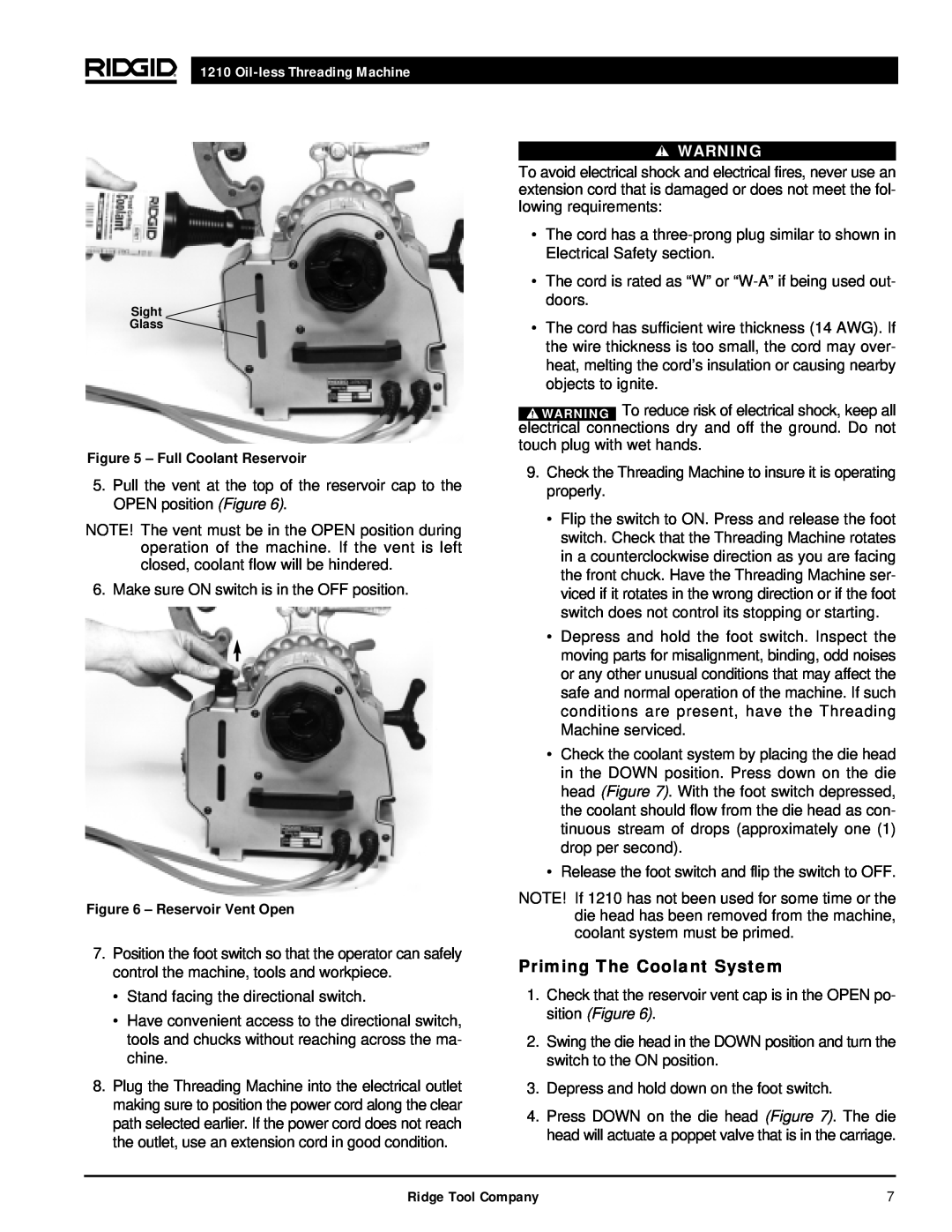 RIDGID 1210 manual Priming The Coolant System, Oil-less Threading Machine 