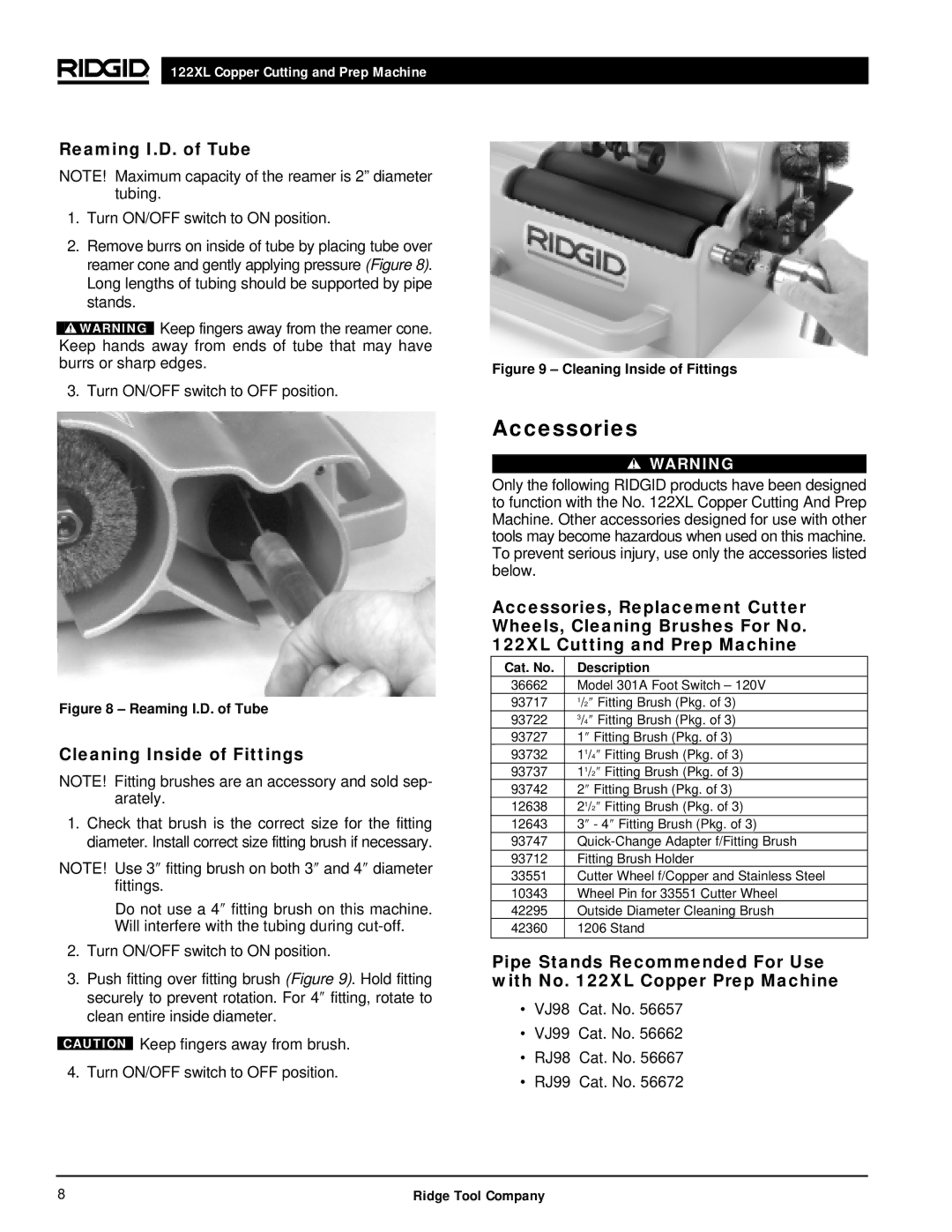 RIDGID 122XL manual Accessories, Reaming I.D. of Tube, Cleaning Inside of Fittings 