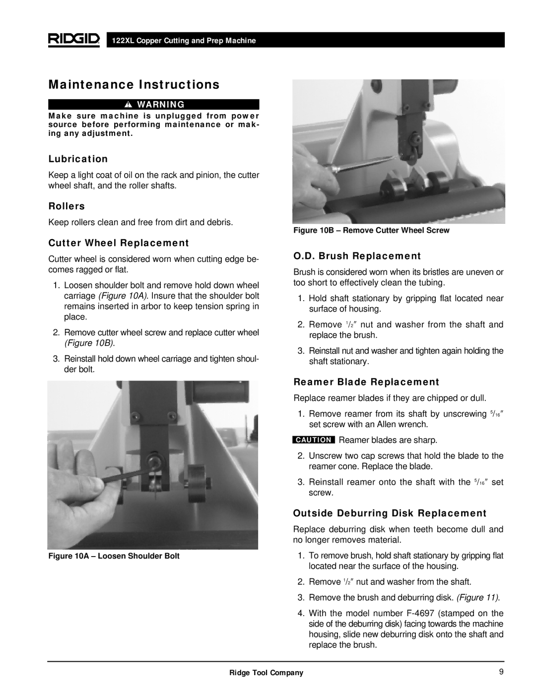 RIDGID 122XL manual Maintenance Instructions 