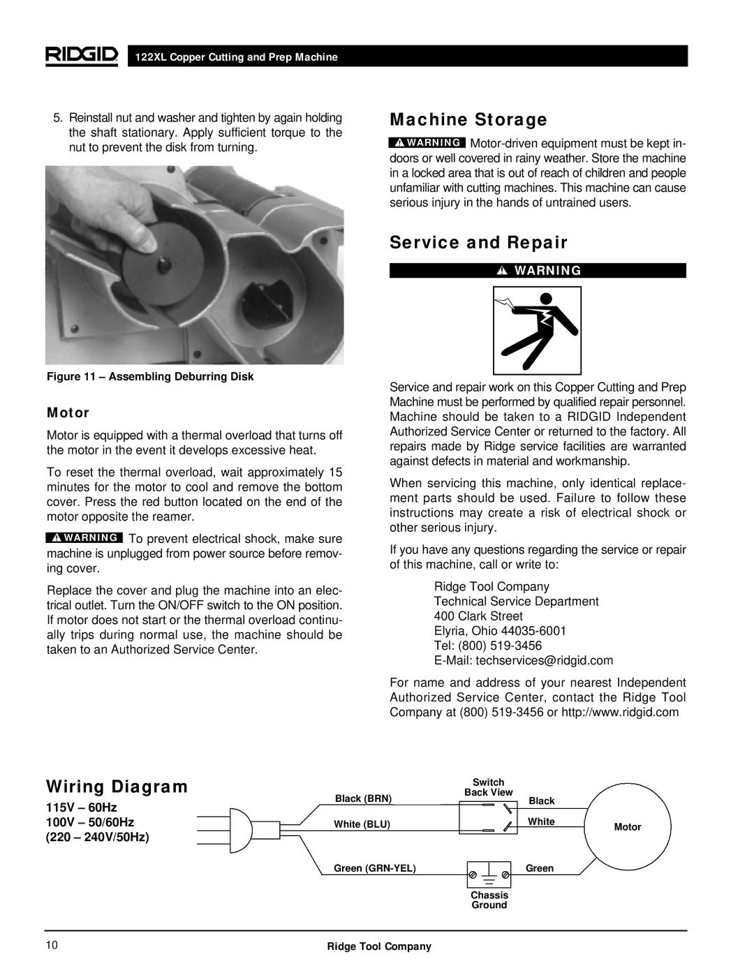 RIDGID 122XL manual Machine Storage Service and Repair, Wiring Diagram, Motor, 115V 60Hz 100V 50/60Hz 220 240V/50Hz 