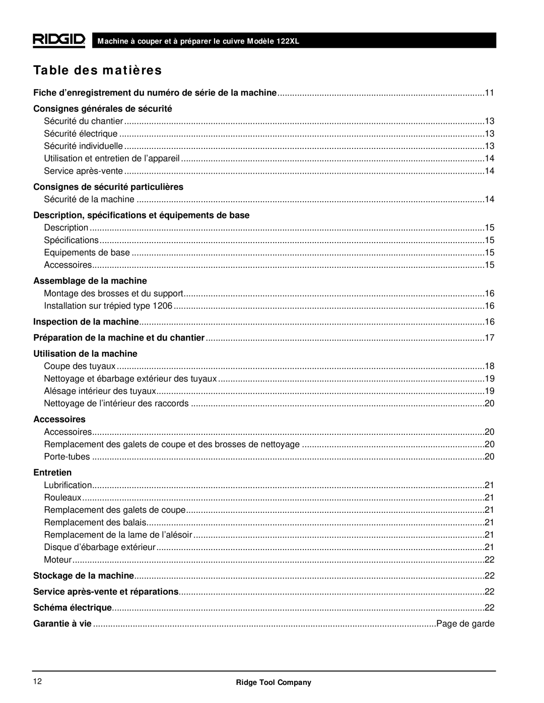 RIDGID 122XL manual Table des matières 