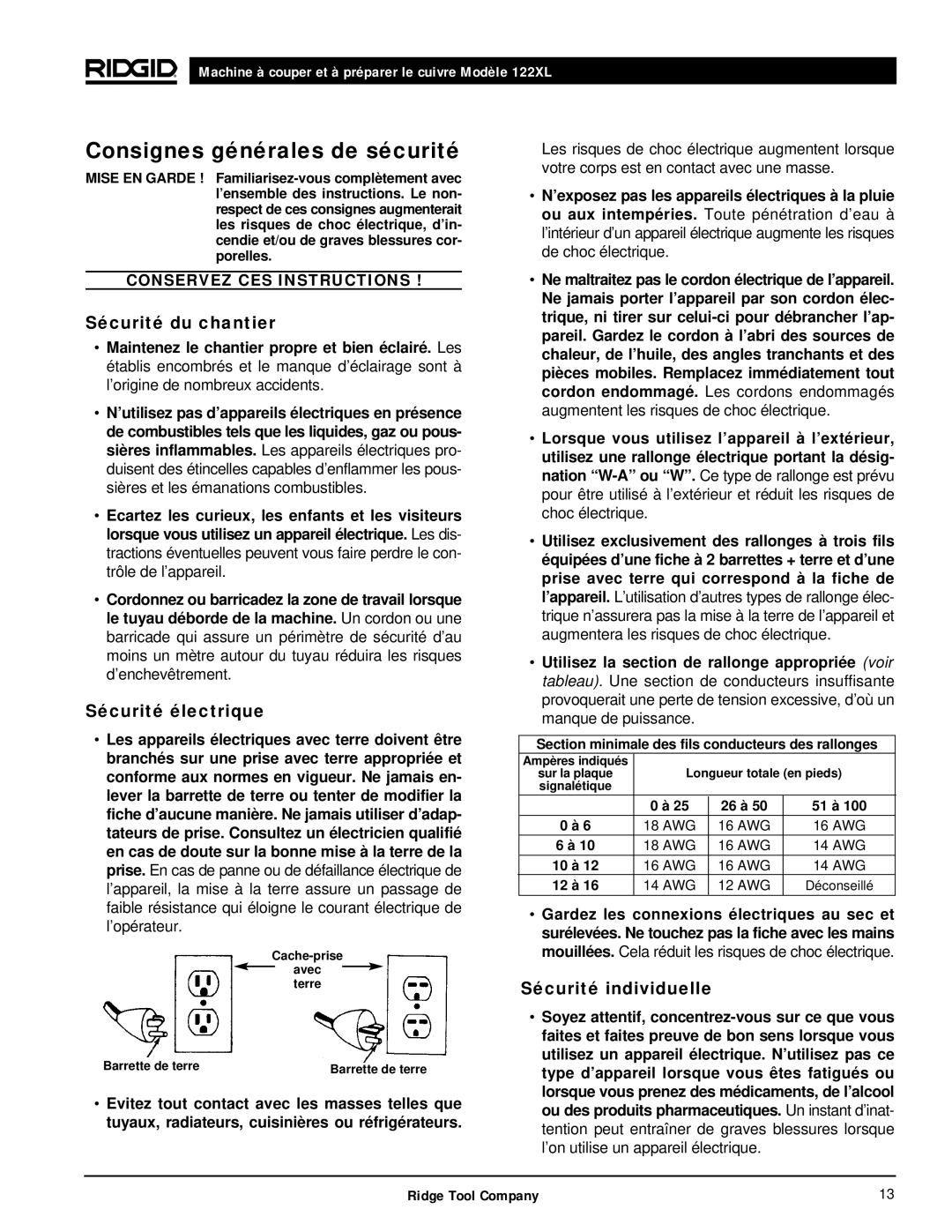 RIDGID 122XL manual Consignes générales de sécurité, Sécurité du chantier, Sécurité électrique, Sécurité individuelle 