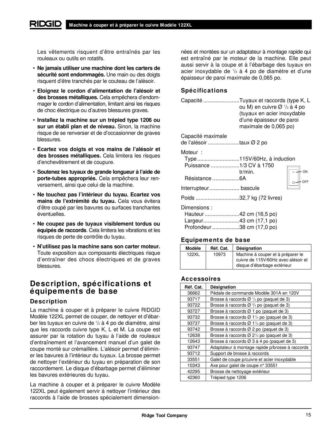 RIDGID 122XL manual Description, spécifications et équipements de base, Spécifications, Equipements de base, Accessoires 