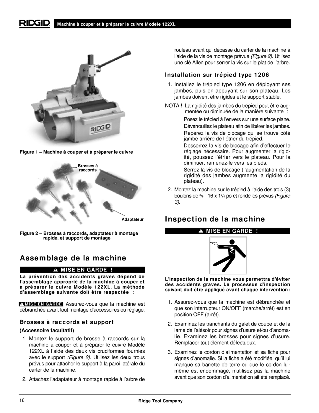 RIDGID 122XL Assemblage de la machine, Inspection de la machine, Brosses à raccords et support, Accessoire facultatif 