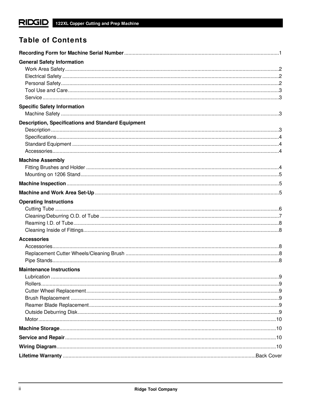 RIDGID 122XL manual Table of Contents 