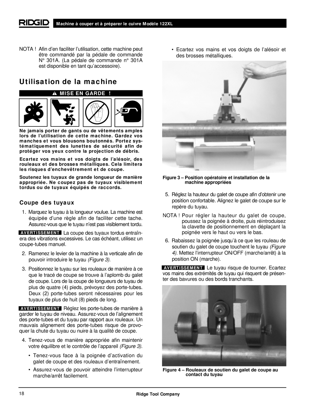 RIDGID 122XL manual Utilisation de la machine, Coupe des tuyaux 