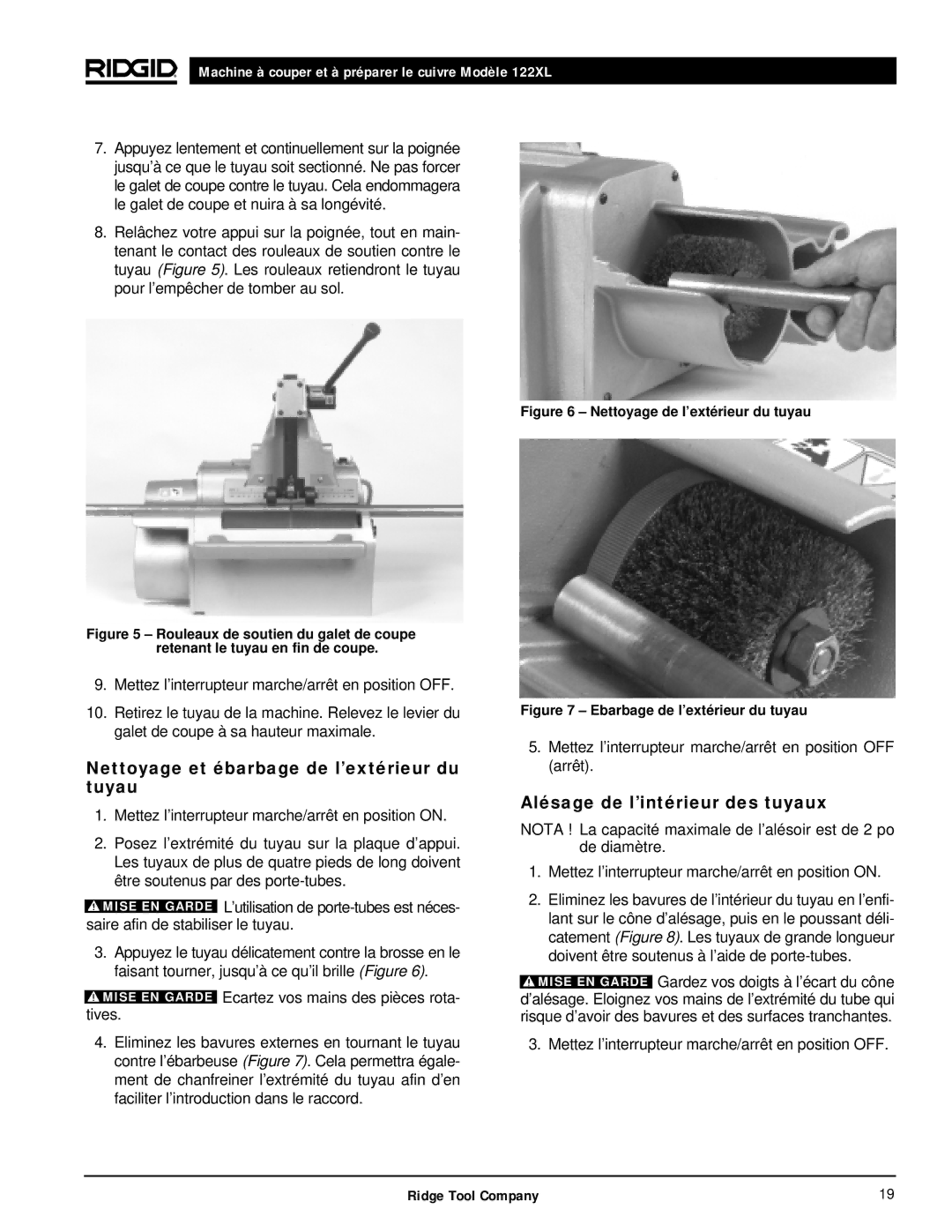 RIDGID 122XL manual Nettoyage et ébarbage de l’extérieur du tuyau, Alésage de l’intérieur des tuyaux 