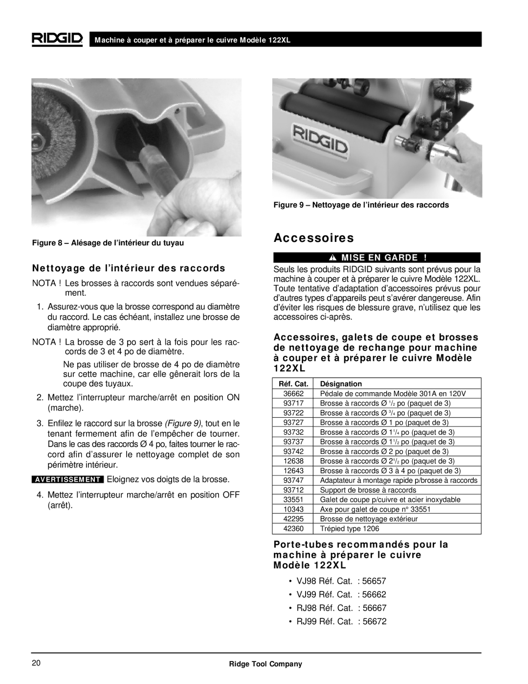 RIDGID 122XL manual Accessoires, Nettoyage de l’intérieur des raccords 