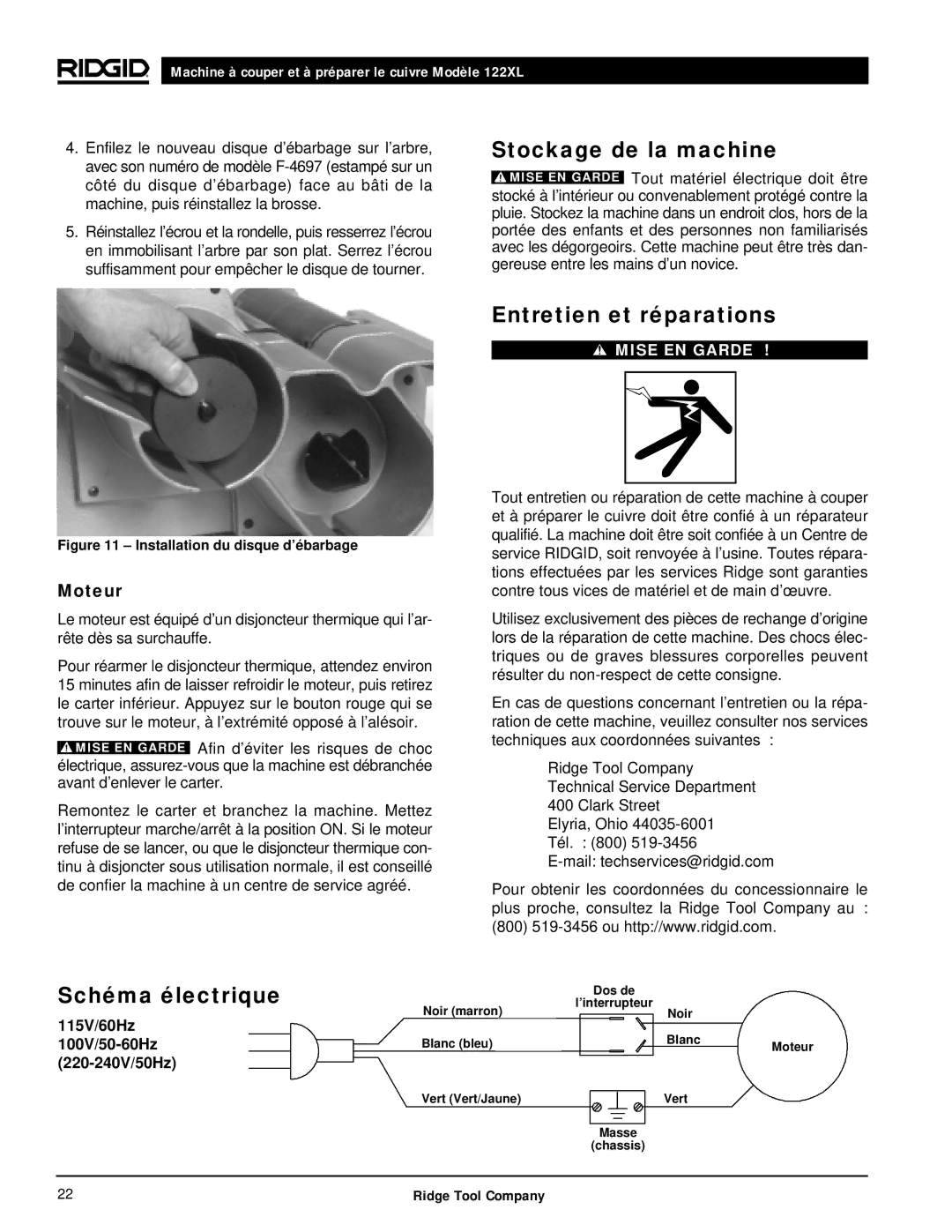 RIDGID 122XL manual Stockage de la machine, Entretien et réparations, Schéma électrique, Moteur 