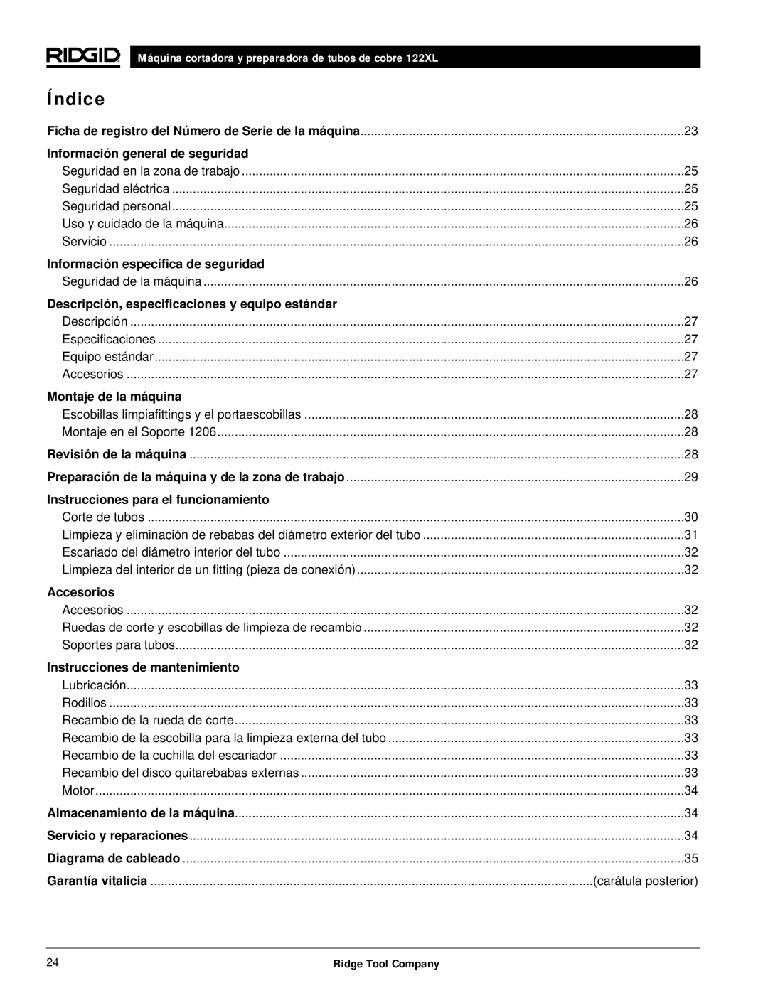 RIDGID 122XL manual Índice 