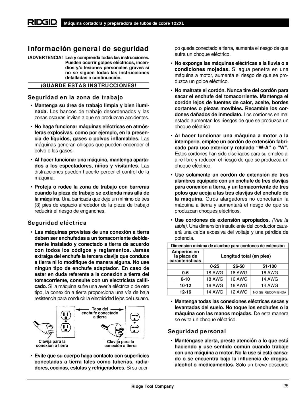 RIDGID 122XL Información general de seguridad, Seguridad en la zona de trabajo, Seguridad eléctrica, Seguridad personal 