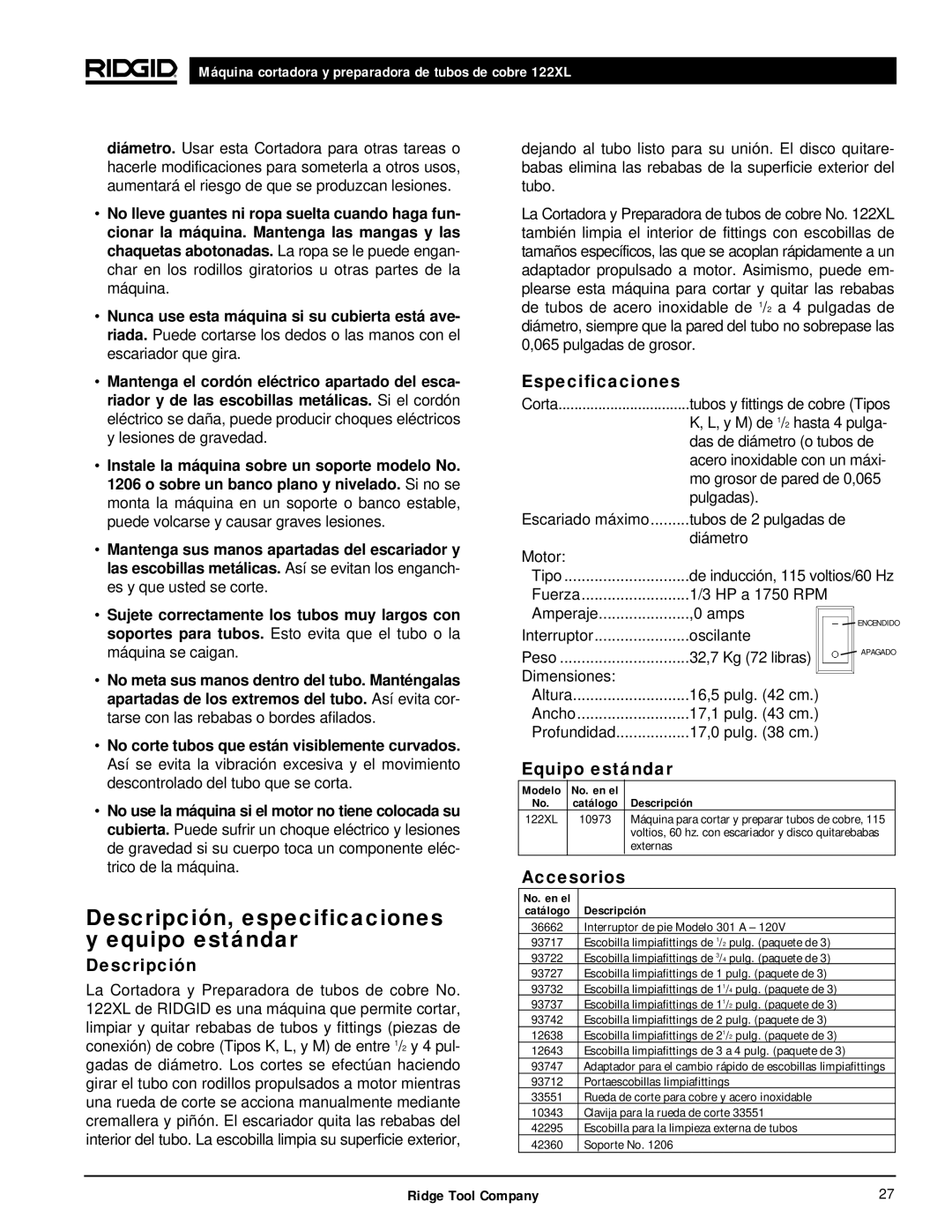 RIDGID 122XL manual Descripción, especificaciones y equipo estándar, Especificaciones, Equipo estándar, Accesorios 