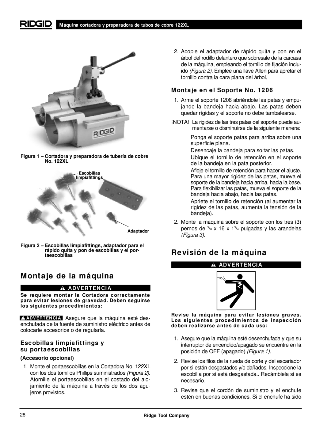 RIDGID 122XL manual Montaje de la máquina, Revisión de la máquina, Escobillas limpiafittings y su portaescobillas 