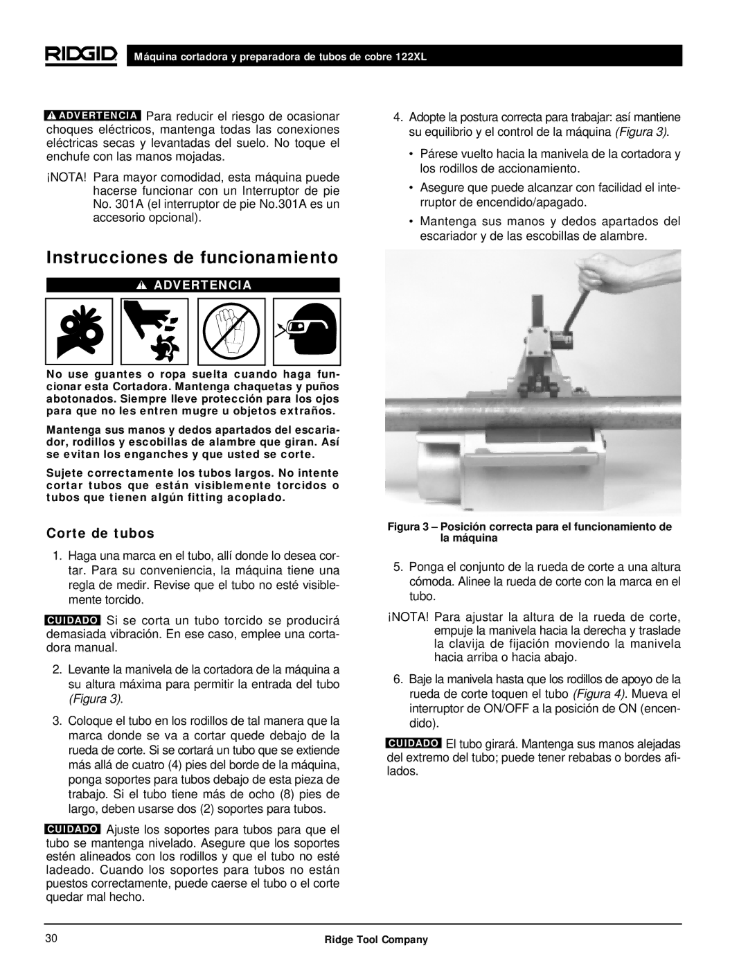 RIDGID 122XL manual Instrucciones de funcionamiento, Corte de tubos 