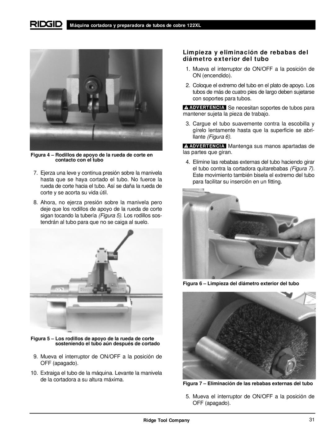 RIDGID 122XL manual Mueva el interruptor de ON/OFF a la posición de OFF apagado 