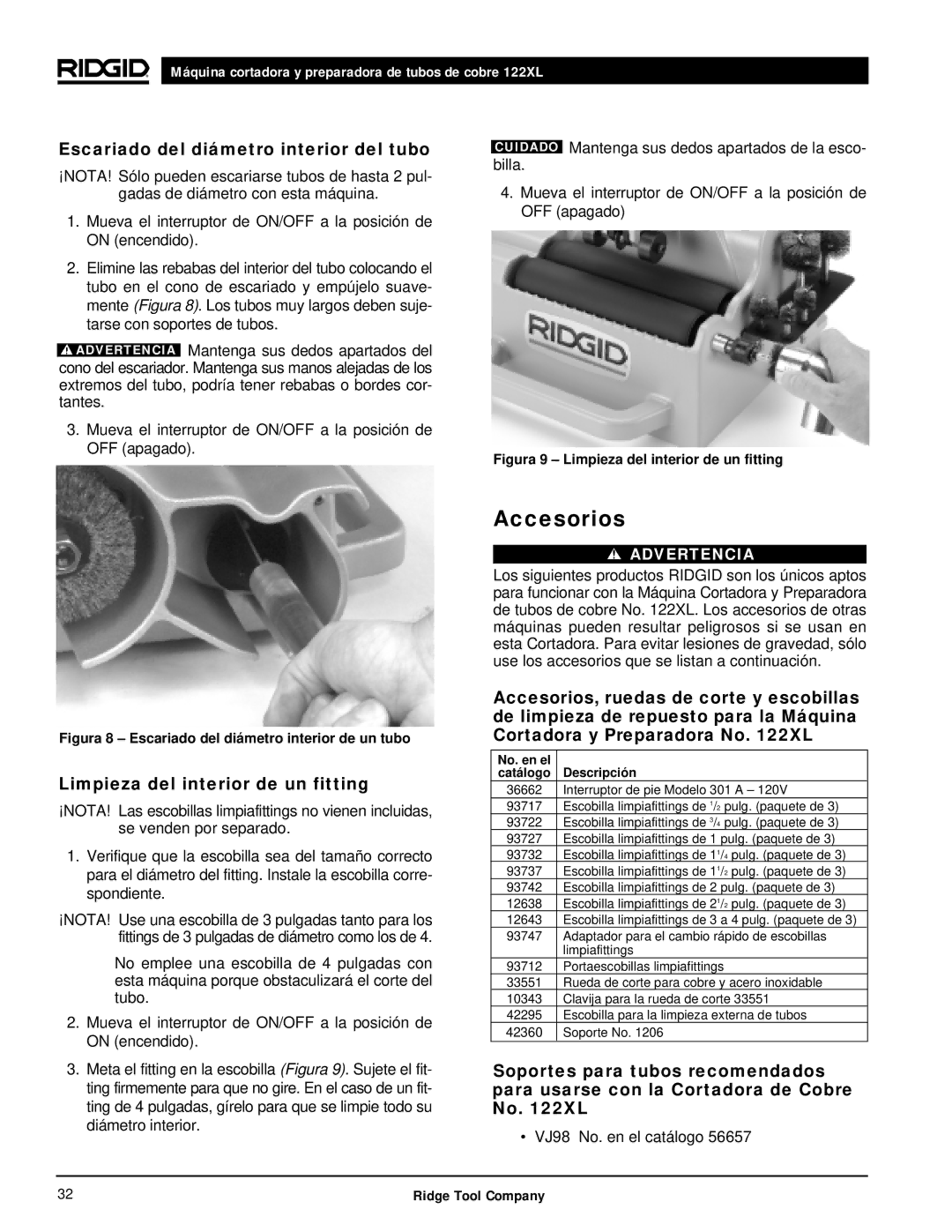 RIDGID 122XL manual Accesorios, Escariado del diámetro interior del tubo, Limpieza del interior de un fitting 