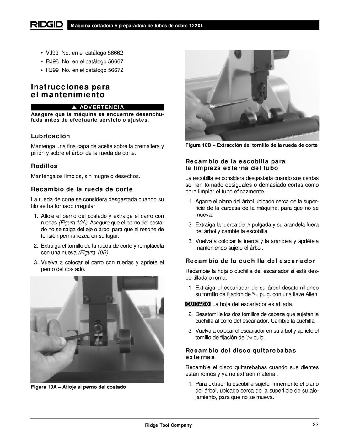 RIDGID 122XL manual Instrucciones para el mantenimiento 