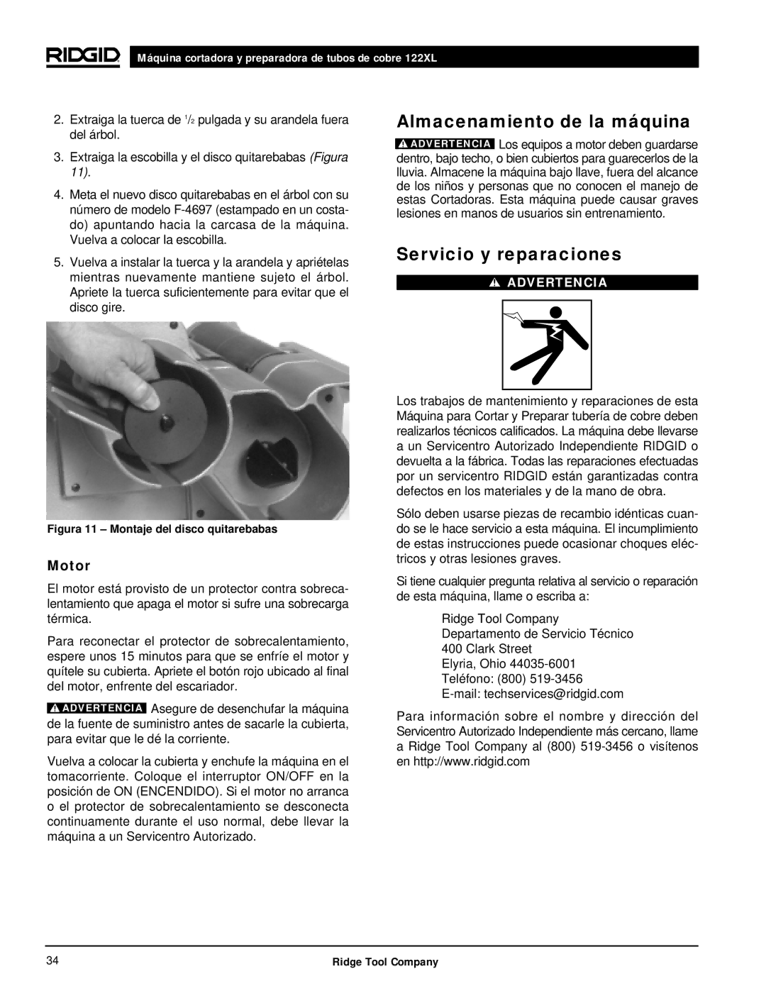 RIDGID 122XL manual Almacenamiento de la máquina, Servicio y reparaciones 