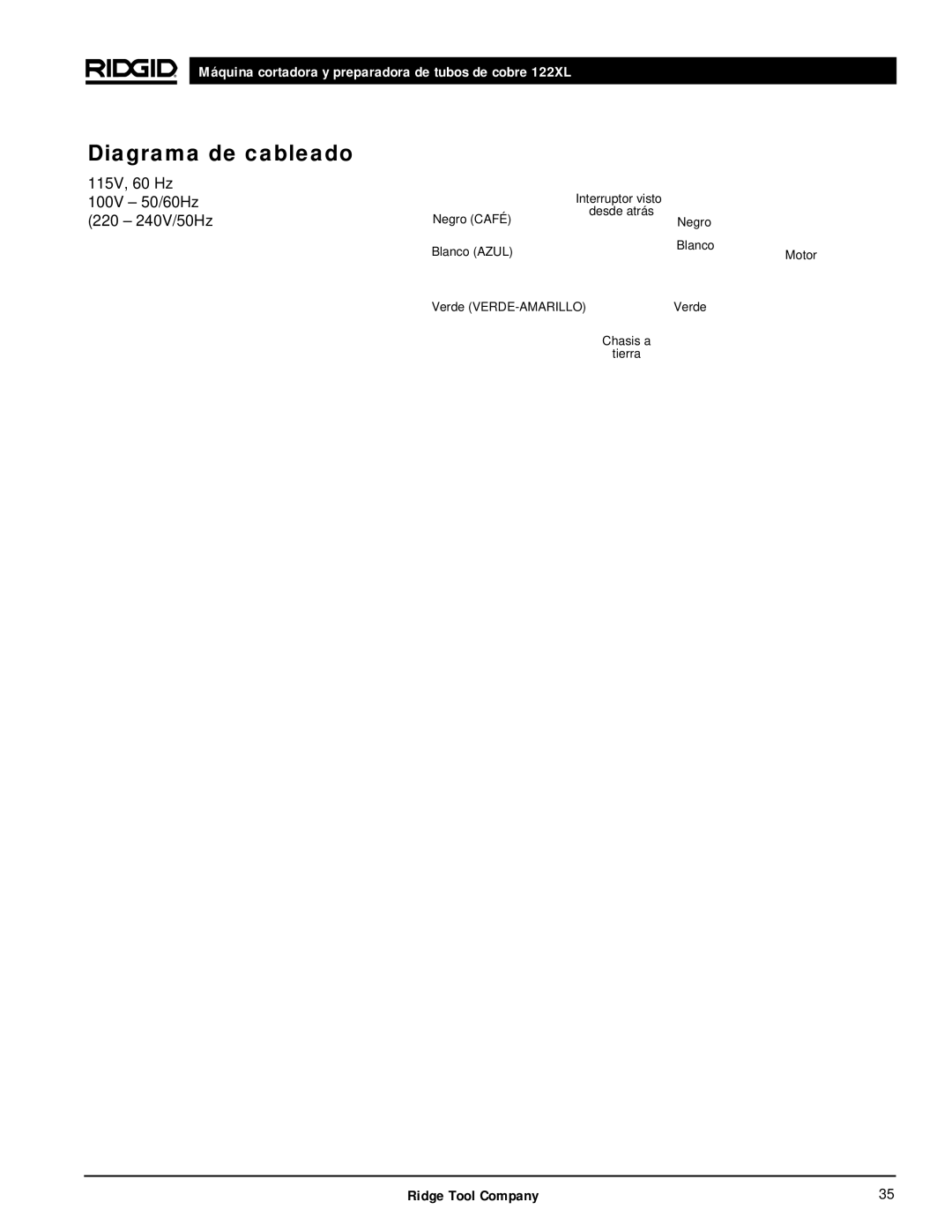 RIDGID 122XL manual Diagrama de cableado, 115V, 60 Hz 100V 50/60Hz 220 240V/50Hz 