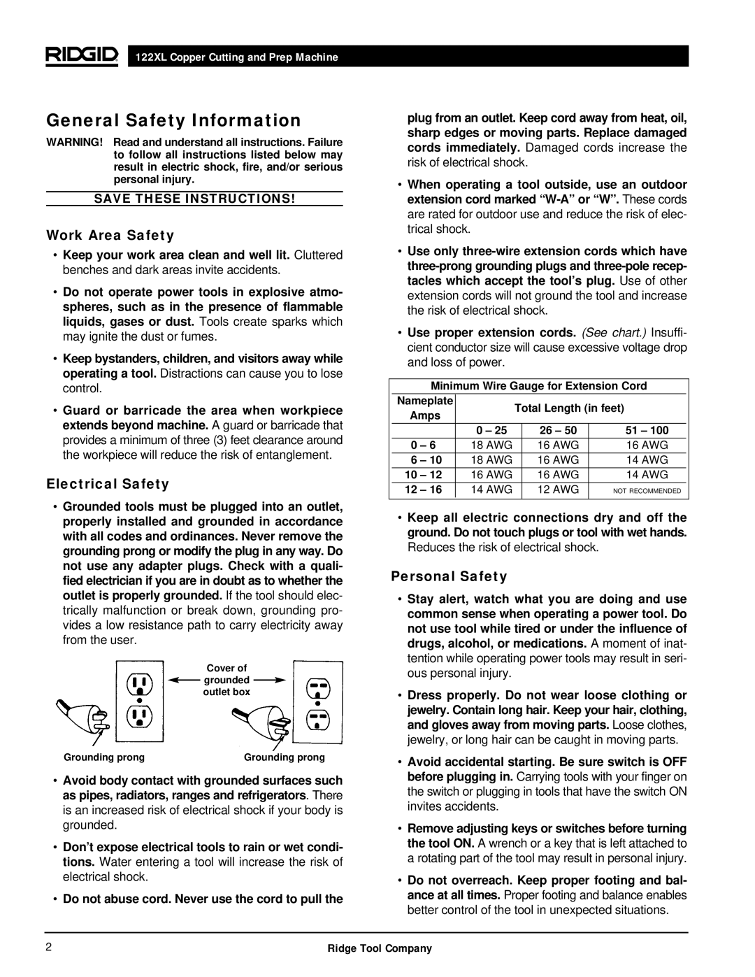 RIDGID 122XL manual General Safety Information, Work Area Safety, Electrical Safety, Personal Safety 