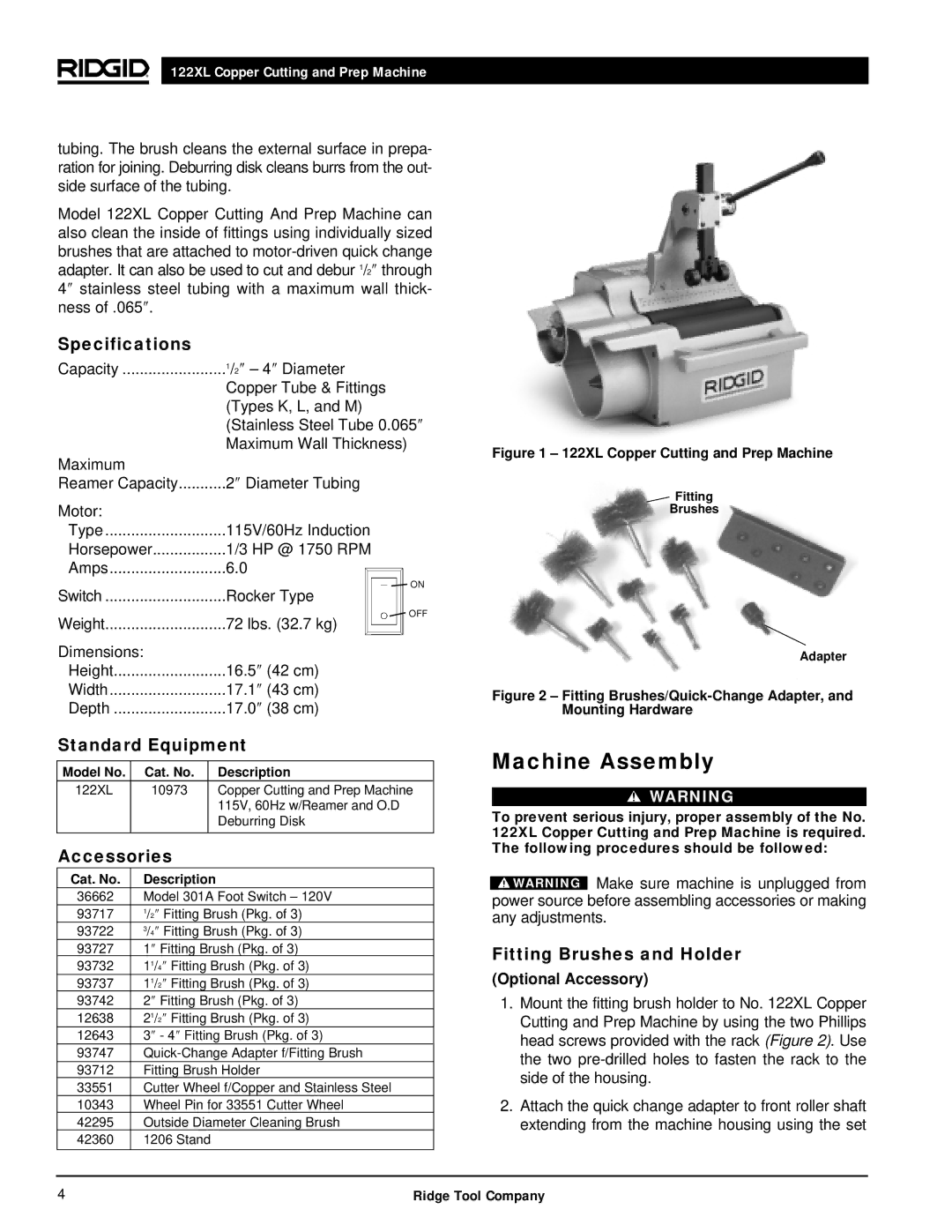 RIDGID 122XL manual Machine Assembly, Specifications, Standard Equipment, Accessories, Fitting Brushes and Holder 