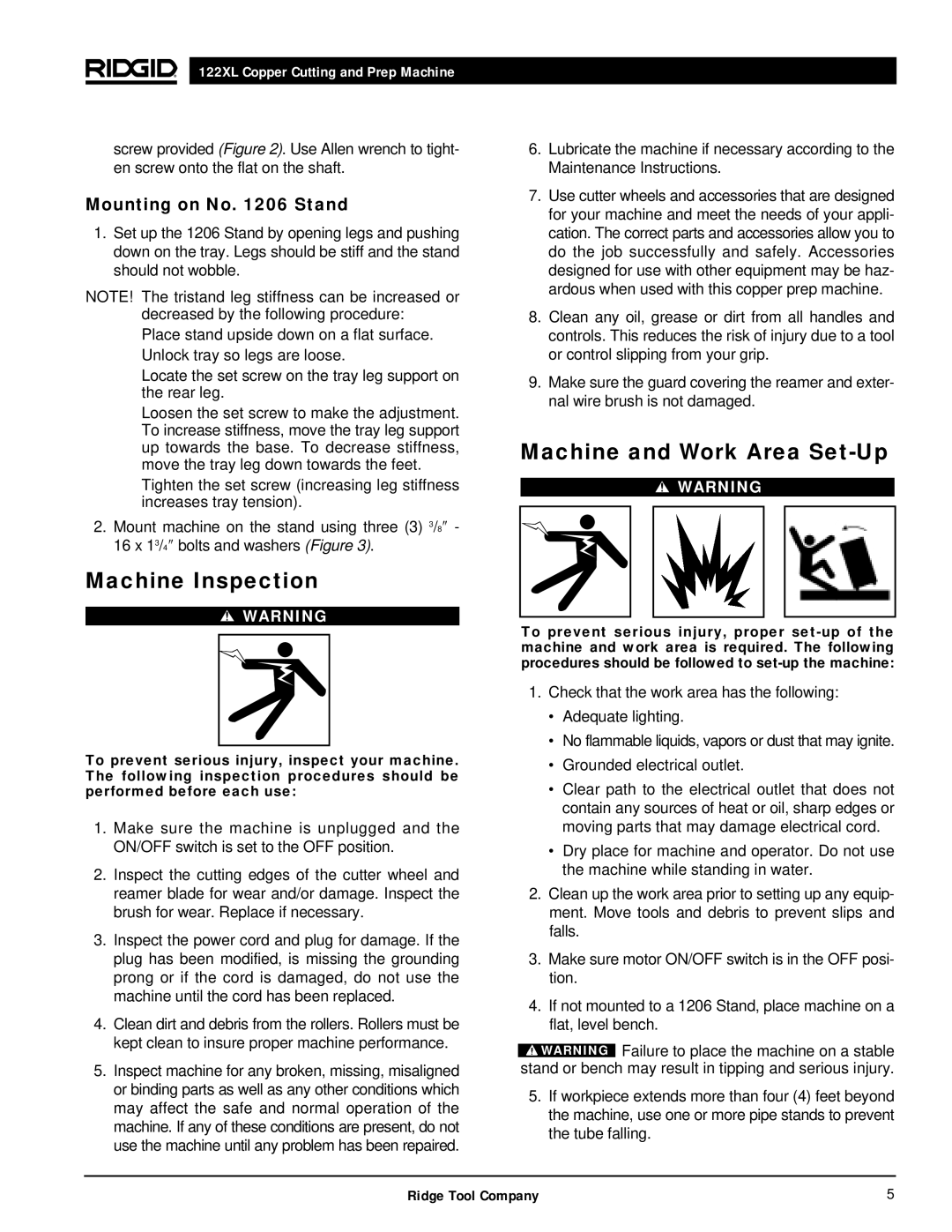 RIDGID 122XL manual Machine Inspection, Machine and Work Area Set-Up, Mounting on No Stand 