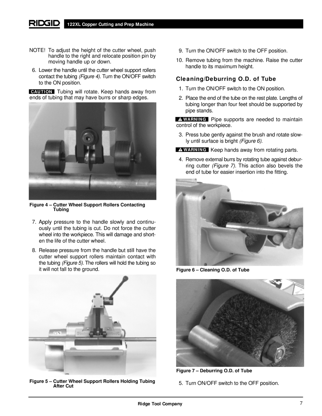 RIDGID 122XL manual Cleaning/Deburring O.D. of Tube, Turn ON/OFF switch to the OFF position 