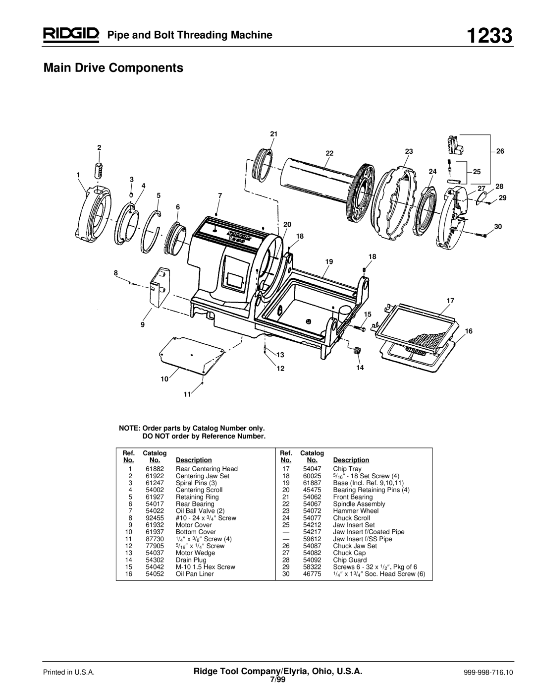 RIDGID 1233 manual Main Drive Components, Do not order by Reference Number Catalog Description 