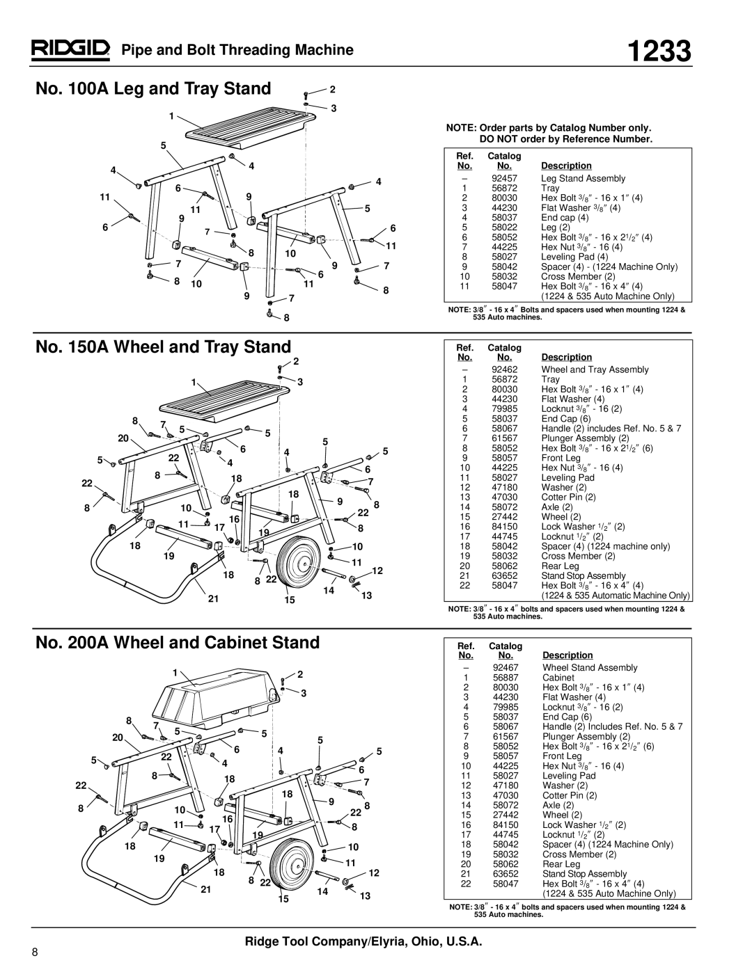 RIDGID 1233 manual No a Leg and Tray Stand, No a Wheel and Cabinet Stand, No a Wheel and Tray Stand 