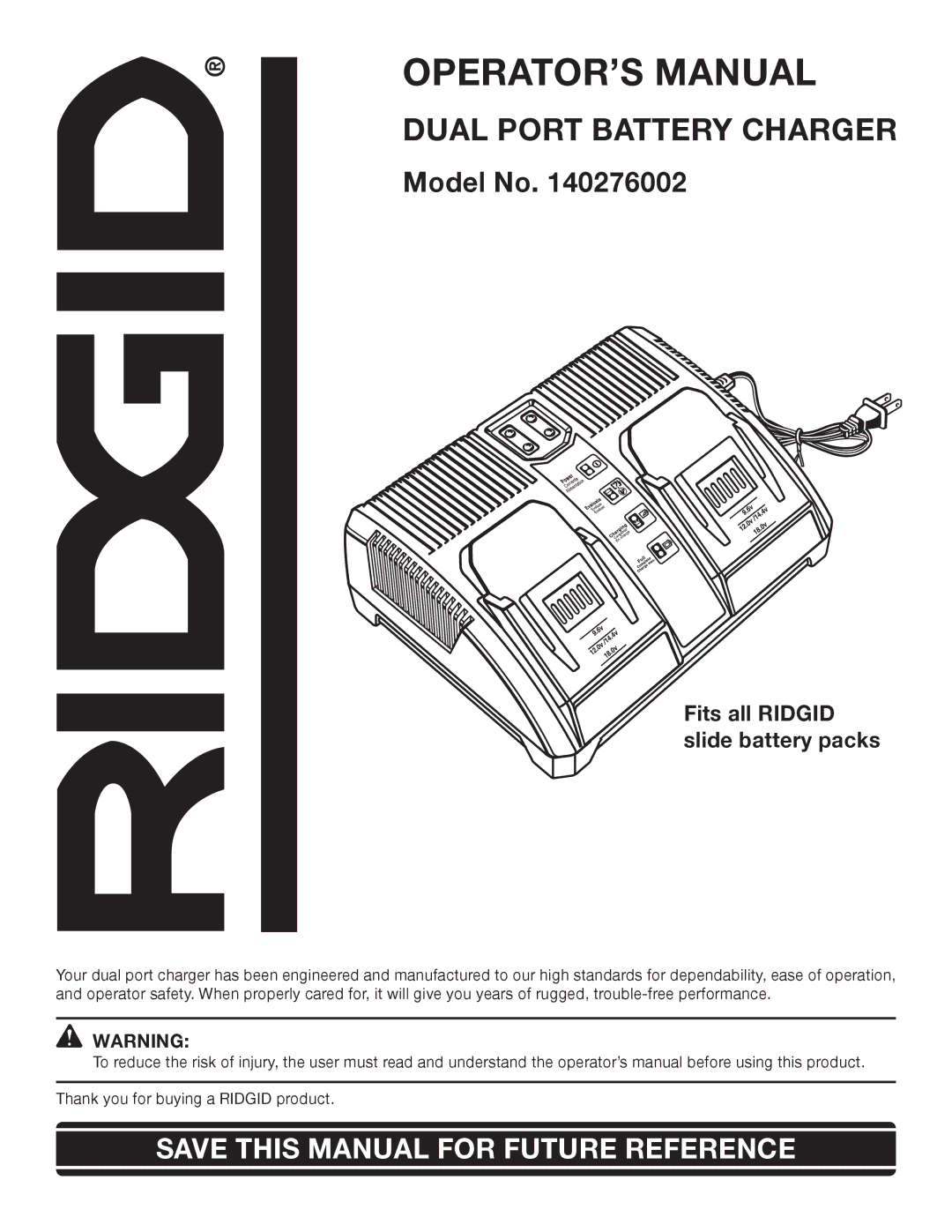 RIDGID 140276002 manual OPERATOR’S Manual, Dual Port Battery Charger 