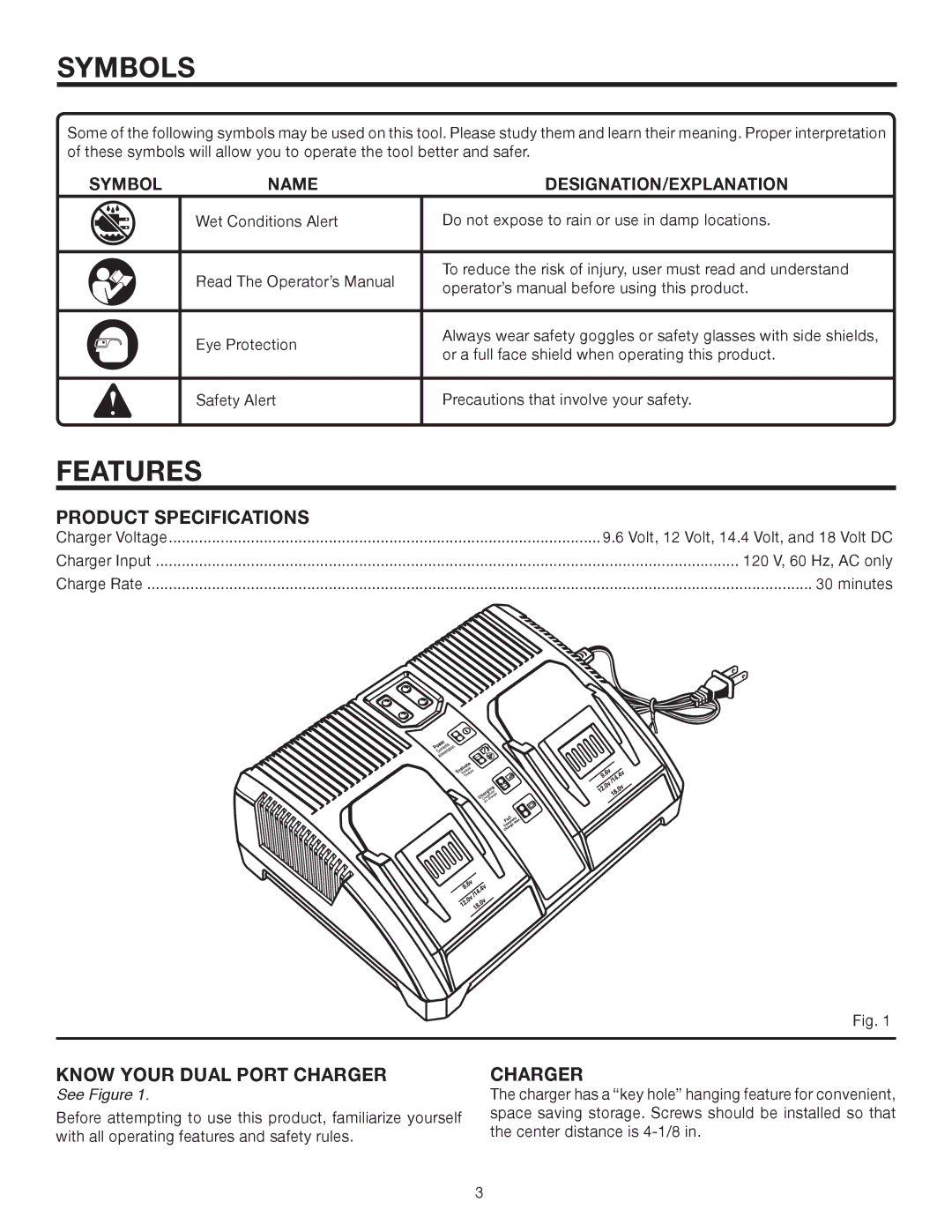 RIDGID 140276002 manual Symbols, Features, Product Specifications, Know Your Dual Port Charger 