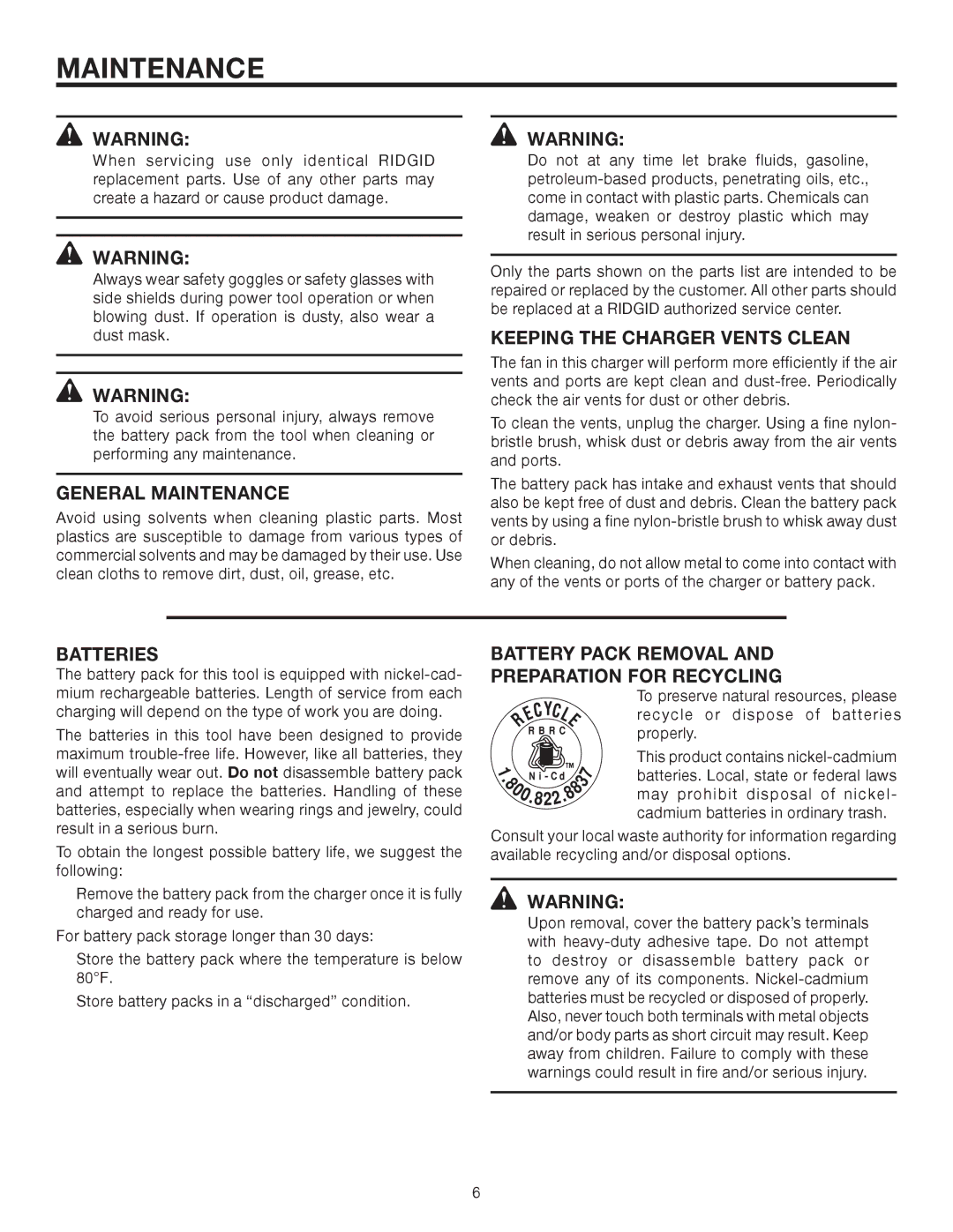 RIDGID 140276002 manual General Maintenance, Keeping the Charger Vents Clean, Batteries 